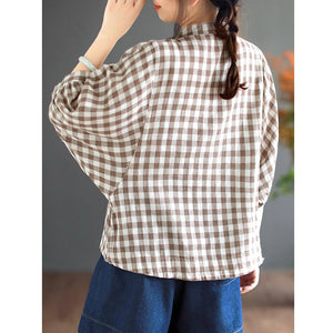 Áo T-shirt linen ngắn tay cổ đứng kẻ caro - NU8992