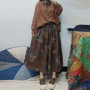 Chân váy linen retro lưng thun in hoa trà - NU9990