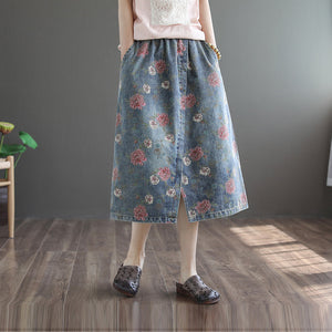 Chân váy denim retro lưng thun in hoa hồng - NU10042