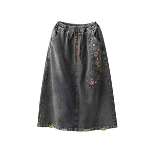 Chân váy denim lưng thun dây rút thêu hoa hồng - V072