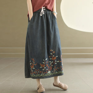 Chân váy denim lưng thun dây rút thêu hoa lá - NU10450