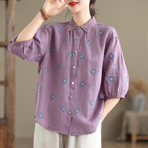Áo sơ mi linen ngắn tay cổ đức đính ren thêu những bông hoa - NU9915