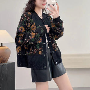 Áo khoác denim dài tay in hoa lá khuy bấm - NU9301