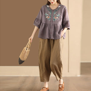 Áo sơ mi linen ngắn tay cổ tròn thêu hoa bướm - A731
