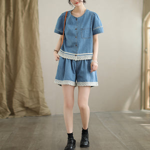 Bộ đồ denim gồm áo sơ mi ngắn tay và quần sooc phối ren - B019