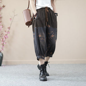 Quần baggy lửng denim lưng thun dây rút in hoa văn - NU8674