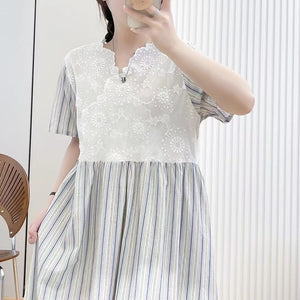Đầm liền linen ngắn tay cổ V thêu retro kẻ sọc - NU10101