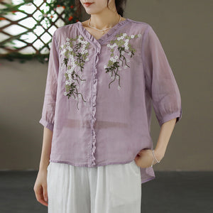 Áo sơ mi linen ngắn tay cổ V thêu hoa lá trước ngực - A006