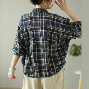 Áo sơ mi dài tay cổ đức kẻ caro vạt dây rút - A240