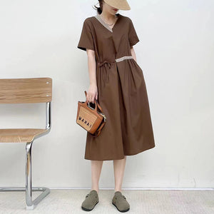 Đầm liền retro ngắn tay cổ V phối caro - NU9893