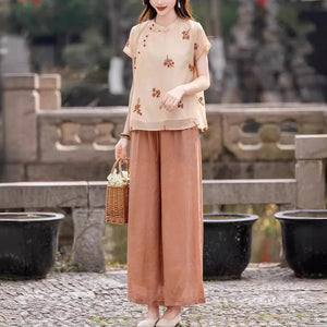 Áo sơ mi linen ngắn tay cổ đứng thêu hoa lá xoắc ốc - NU9991