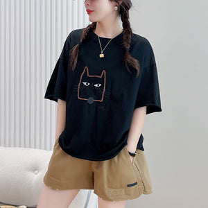 Áo T-shirt ngắn tay mặt mèo cổ tròn - NU9956