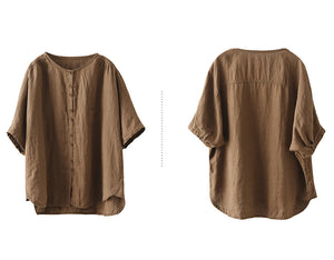 Áo sơ mi linen ngắn tay cổ tròn một túi nhỏ - NU10034
