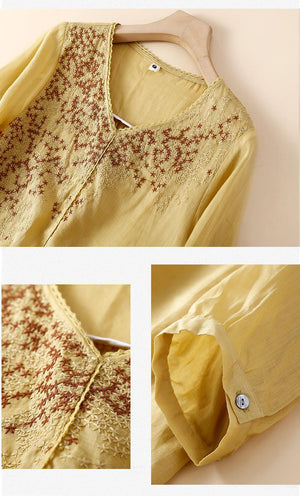 Áo sơ mi linen ngắn cổ V thêu những ngôi sao - NU9807