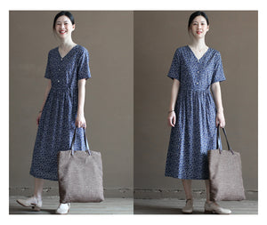 Đầm liền linen ngắn tay cổ V in hoa liti ba khuy - NU10024