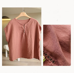 Áo T-shirt linen sát nách cổ tròn khuy cài form rộng - NU9052
