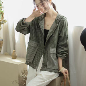 Áo khoác sơ mi dài tay kẻ sọc có mũ - A976