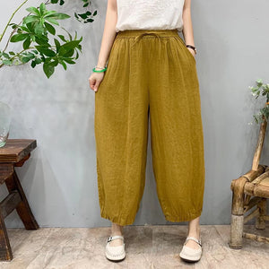Quần baggy linen lửng lưng thun dây rút gấu xếp ly - NU9972