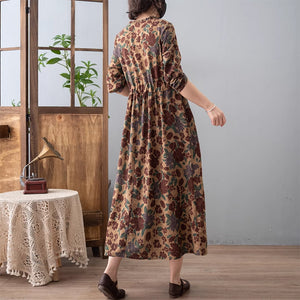 Đầm liền dài tay cổ tròn xếp ly khuy lệch eo dây rút - NU9323