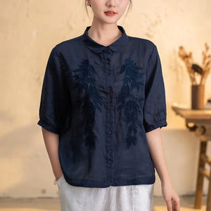 Áo sơ mi linen ngắn tay cổ pipi thêu hoa đối xứng đồng màu - NU10284