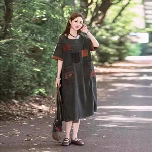 Đầm liền denim ngắn tay cổ tròn chắp vá ô vuông hai túi lớn - NU10453