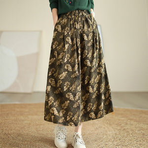 Chân váy linen retro lưng thun in những chiếc lá - NU9250