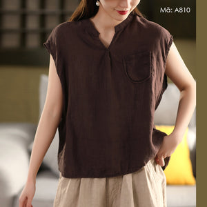 Áo sơ mi linen sát nách cổ trái tim một túi - A806