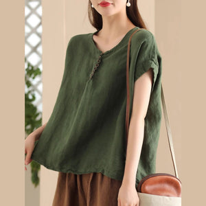 Áo sơ mi linen sát nách cổ tròn retro - A868