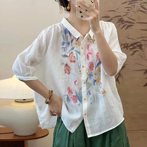 Áo sơ mi linen ngắn tay cổ đức in hoa hồng - NU10095