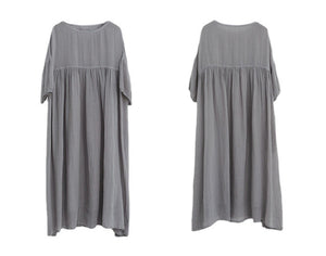Đầm liền linen ngắn tay cổ tròn eo xếp ly đơn sắc - NU9038