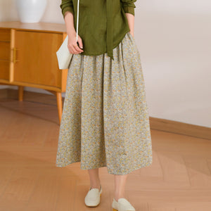 Chân váy linen lưng thun in hoa nhí - V089