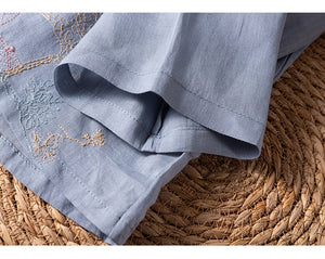Áo sơ mi linen tay lửng cổ tròn vạt chéo thêu phong cảnh - NU9829