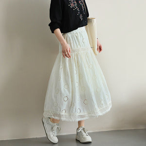 Chân váy linen lưng thun thêu retro hai lớp  - NU10077