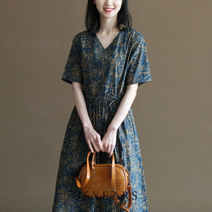 Đầm liền linen ngắn tay cổ V in hoa lá retro chiết eo - NU10033