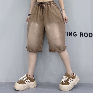 Quần sooc denim lưng thun dây rút kiểu bạc màu - Q189