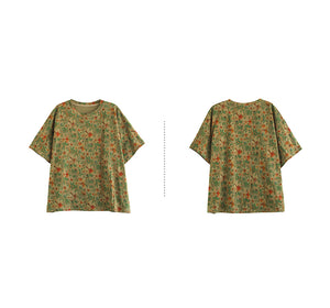 Áo T-shirt ngắn tay cổ tròn in hoa lá retro - NU10465