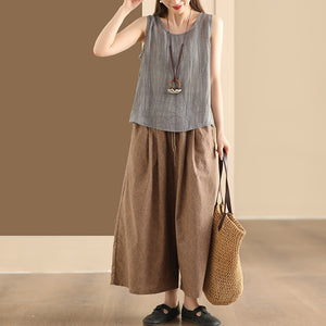 Quần baggy linen lưng thun in hoa liti ống rộng - NU10389