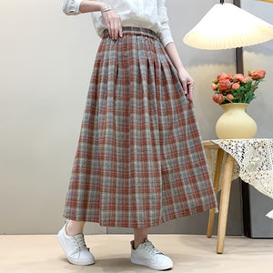 Chân váy linen lưng thun hai túi kẻ caro - V079