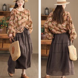 Chân váy linen lưng thun một màu kiểu xếp tầng - NU9925