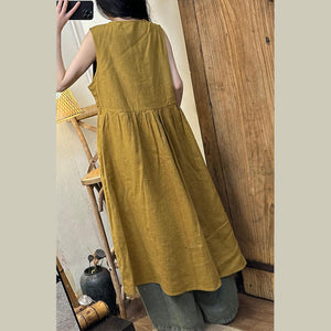 Đầm liền linen sát nách cổ V khuy cài - D033