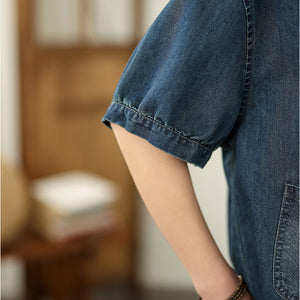 Bộ đồ denim gồm áo sơ mi ngắn tay và quần baggy lửng thêu hoa lá - B022