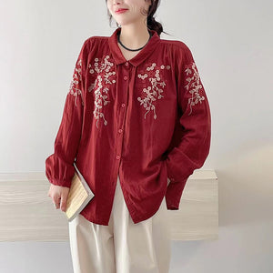 Áo sơ mi linen dài tay cổ pipi thêu hoa đối xứng - NU9723