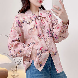 Áo sơ mi linen dài tay cổ cánh sen in hoa lá - A685