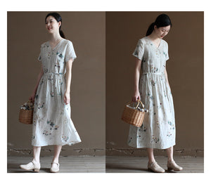 Đầm liền linen hoa lá ngắn tay cổ V vạt chéo eo thắt dây - NU10023