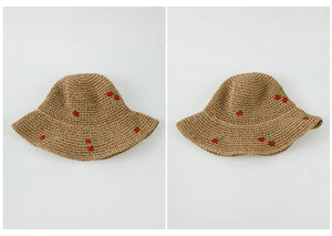 Mũ cói retro vành tròn thêu hoa tulip - NU10123