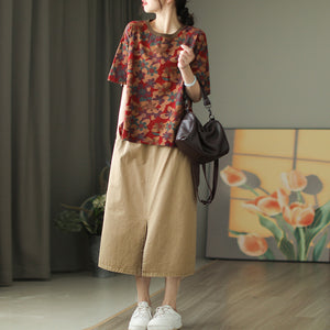 Áo T-shirt ngắn tay cổ tròn in hoa lá form rộng - NU9934