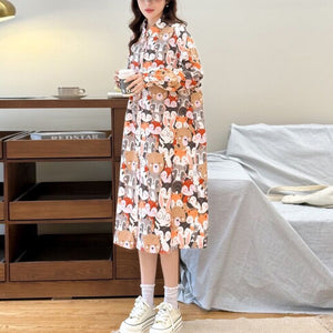 Đầm liền linen dài tay cổ pipi in hoạt hình kiểu sơ mi - D035