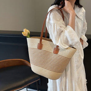 Túi cói đan tay retro quai da kẻ sọc  - T008