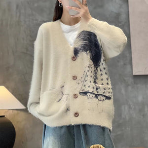 Áo khoác len cashmere dài tay cổ V in cô gái và chú thỏ - NU9279