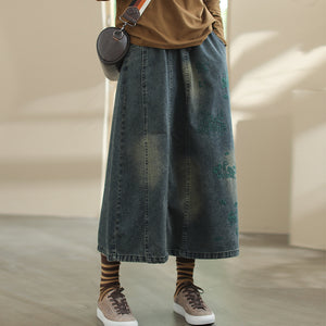 Chân váy denim lưng thun thêu retro bạc màu - V027